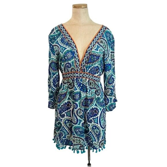 Trina Turk dress Women's XS blue green patterned mini low V neck open back - Picture 1 of 8